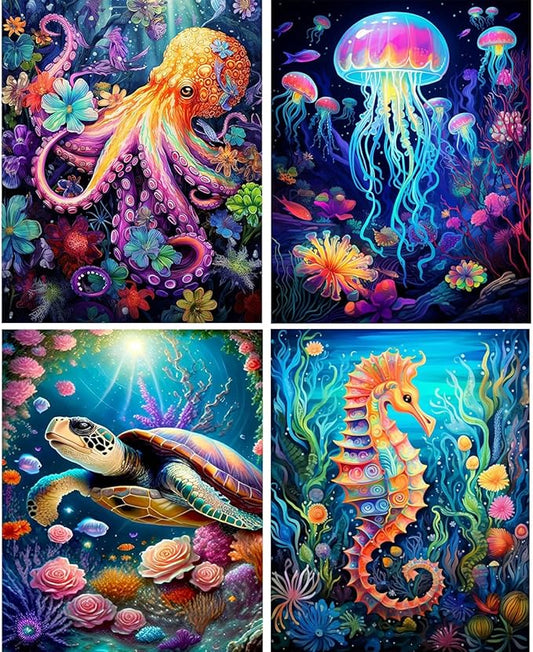 EIBEILI 4 Pack Sea Animals Diamond Painting Kits for Adults, 5D Diamond Art Kits for Beginner DIY Full Drill Diamond Dots Crystal Craft Kits for Home Wall Decor Gifts 11.8x15.7 inch