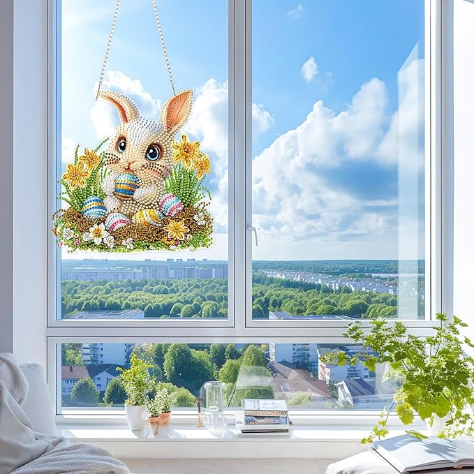 KEYIFA Rabbit Hanging Diamond Art Painting Kits for Adults and Kids Age 8-12, 5D Special Shape Diamond Dots Kit Easter Egg Crystal Gem Painting Art Crafts for Window, Wall, Door, Garden Decor