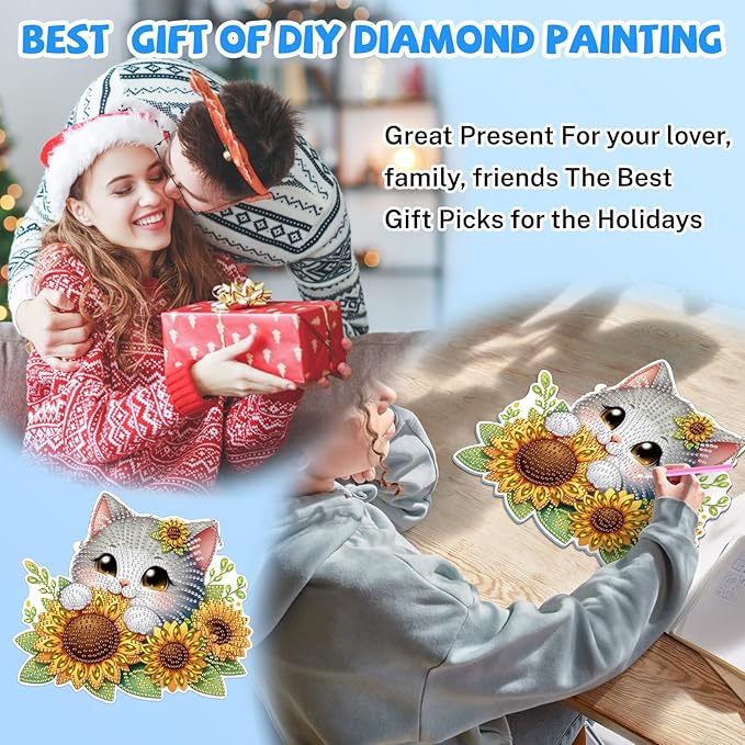 Bowetile Hanging Diamond Art Cat Kits for Adults, 5D Special Shape Diamond Painting Sunflower Kits, Animal Diamond Gem Art Suncatchers Painting Pendant Ornament for Home Garden Wall Decor