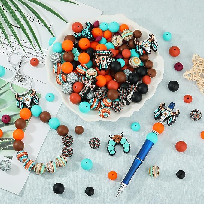 121 Pcs Cattle Themed 12mm 15mm Silicone Beads Kit for Keychain Making Cross Beads Round Focal Beads for Pens Bracelets Necklace DIY Crafts Jewelry Making