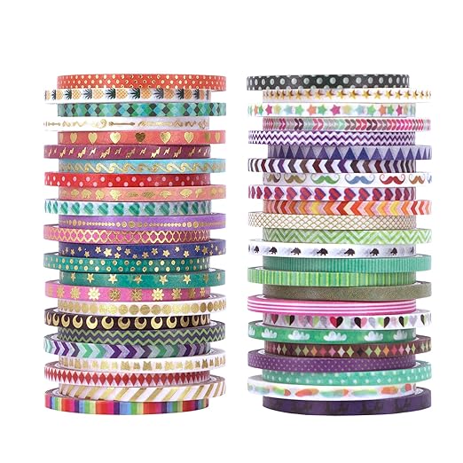 Cute 48 Rolls Washi Tape Set,Foil Gold Thin Decorative Masking Washi Tapes,3MM Wide DIY Paper Tape for DIY Craft Scrapbooking Gift Wrapping Planner