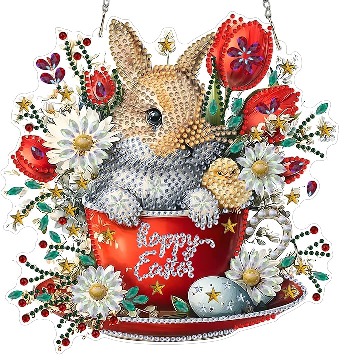 MXJSUA Diamond Art Hanging Kits for Adults Beginners, Acrylic 5D Special Shaped Crystal Diamond Gem Art Painting Hanging Ornament for Home Wall Decor and Gift (Easter Bunny)