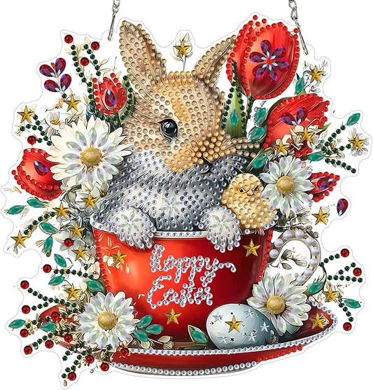 MXJSUA Diamond Art Hanging Kits for Adults Beginners, Acrylic 5D Special Shaped Crystal Diamond Gem Art Painting Hanging Ornament for Home Wall Decor and Gift (Easter Bunny)