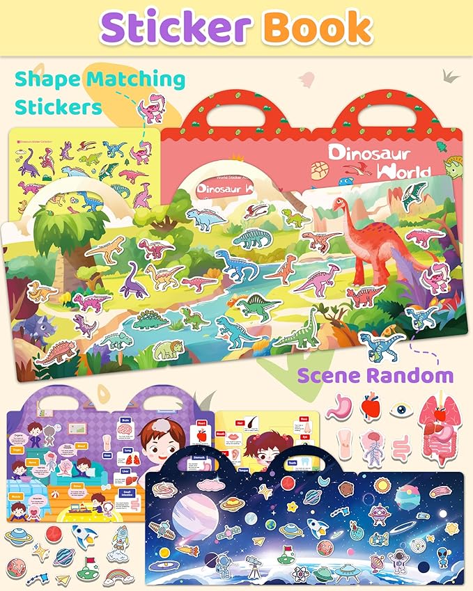 benresive reusable sticker books for kids, sticker books for toddlers, toddler travel toys activities crafts ages 3 and up birthday gifts - dinosaurs, space and body