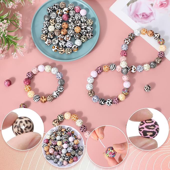 Ferreve 120 Pcs 15mm Silicone Beads Bulk Leopard Print Silicone Beads Leopard Print Rubber DIY Bracelet Making Kit for Keychain Making Pens Necklace Jewelry