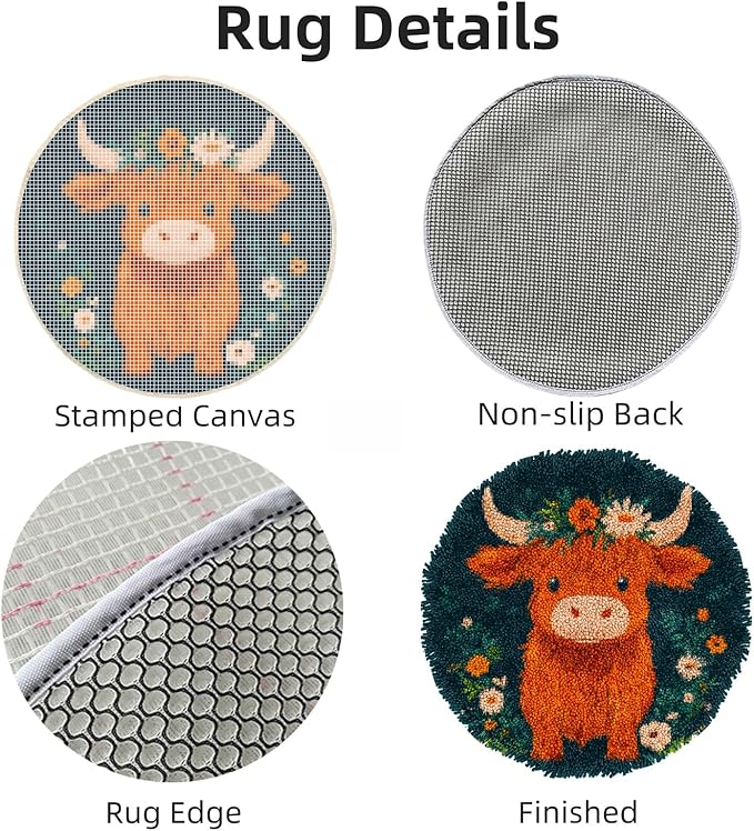 Latch Hook Round Rug Kit Cute Orange Baby Highland Cow Stamped Handmade Round Shape Carpet Crochet Yarn Craft DIY Hook and Latch Door Mat Tapestry Christmas Home Floor Decor 50x50cm-115