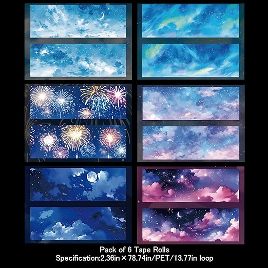 6Rolls PET Tape Stickers for Scrapbooking Supplies, Decorative Sky Cloud Star Themed Journal Stickers for Scrapbooking, Journaling, Junk Journal Supplies,Planer (Island)