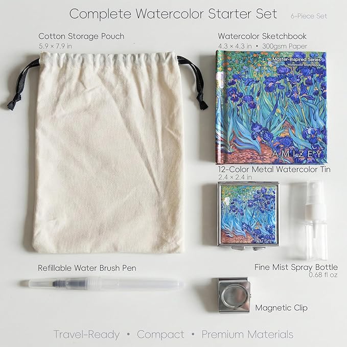 mini watercolor travel set, 12 Color Watercolor Paint Set (Pearl Shimmer) in Metal Tin with 300gsm Sketchbook, Portable Art Kit for Travel & Beginners（Inspired by Irises）