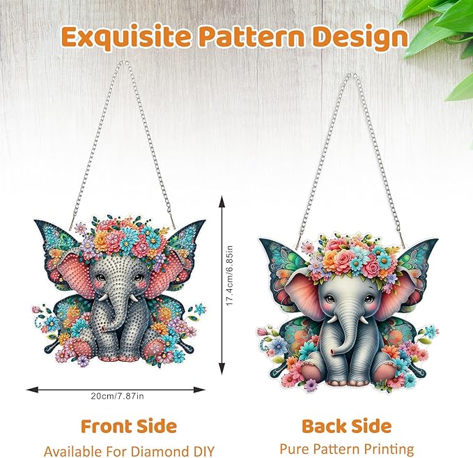 MEIYUDA Elephant Diamond Art Hanging Kits for Adult, Butterfly Elephant Diamond Painting Hanging Kits Ornaments, Animals DIY Special Shaped Rhinestone Window Pendant for Home Garden Wall Decor Gift