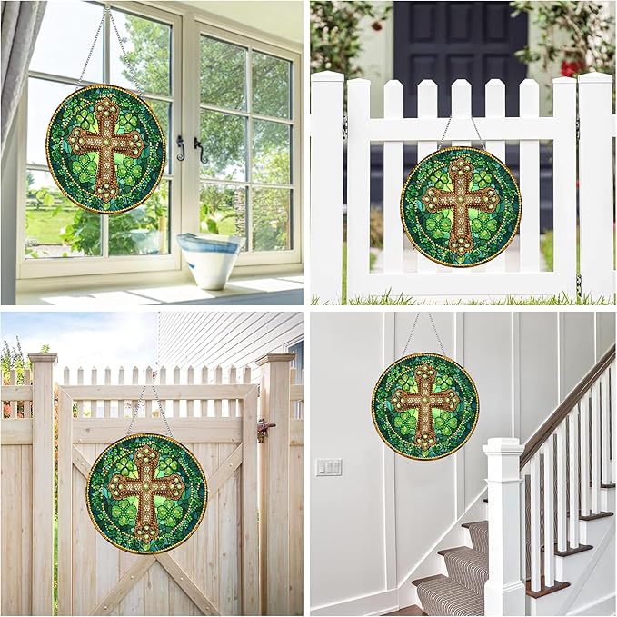 Reofrey Hanging Diamond Art Kits for Adults - 8x8 Inch Cross Acrylic Board Double Sided Pattern Diamond Painting Suncatcher Pendant, DIY Crystal Art for Home Wall or Window Decoration Handmade Gift