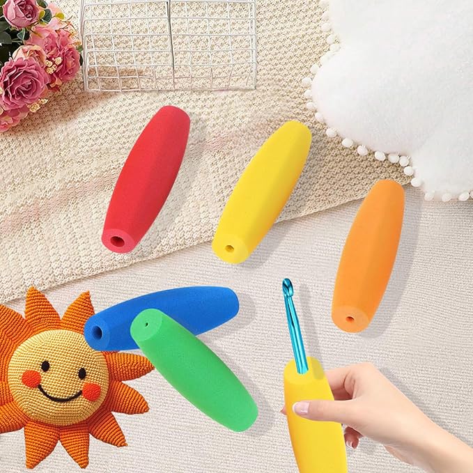 HEYLEAYAR Yellow Crochet Hooks Grips, 5Pcs Ergonomic Crochet Hook Handle, Foam Grip Handle Crochet Accessories Fits 5mm to 6mm Crochet Needles