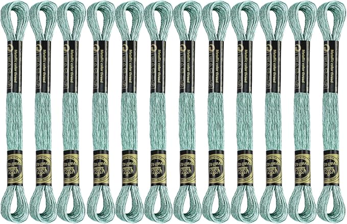 12 Skeins Embroidery Floss, Light Green Metallic Embroidery Thread Polyester Cross-Stitch Threads for Hand Embroidery String Art DIY Creation