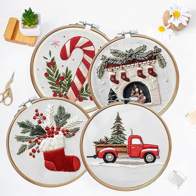 LB Christmas Embroidery Kit for Adults, 4Pc Christmas Embroidery Kits for Beginners with Red Truck, DIY Hand Cross Stitch Kit Holiday Gifts Ornaments Decorations