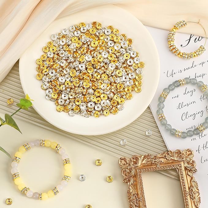 Augshy 700Pcs Rondelle Spacer Beads,8 mm Silver and Gold Rhinestone Spacer Beads for Jewelry Bracelet Making Birthday Party Necklace Friendship Bracelets Hair Beads Crafts