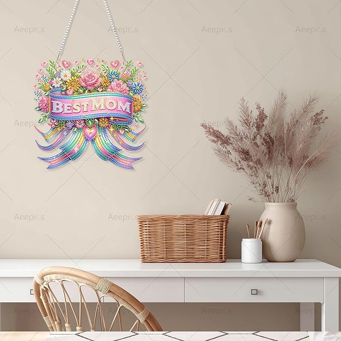 Aeepics Hanging Diamond Art Kit for Adult Mother's Day, DIY Diamonds Painting Pendant Ornament Kit, Acrylic Diamond Art Painting Board Kit (Best Mom)
