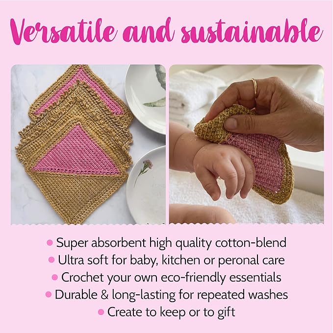 KnitPal Everyday Joy Tunisian Crochet Dishcloth Kit for Confident Beginners – Make 4 Reusable Dishcloths – Cotton Yarn, Tunisian Crochet Hook, 2 Patterns & Video Tutorials (Camel Brown+Flamingo Pink)