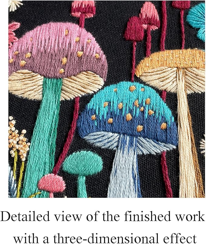 Myfelicity Embroidery Kit with Mushroom Patterns, 3 Hoops, Fabric, Threads, Needles, Instructions (Colorful)