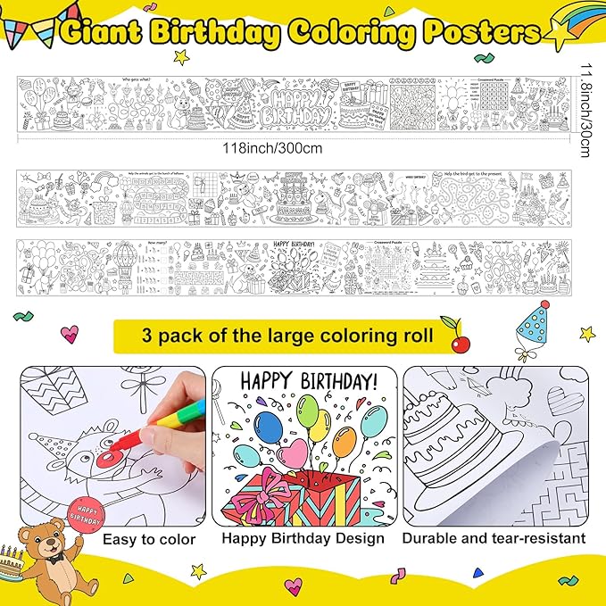 Janlaugh 3 Pack Happy Birthday Coloring Paper Roll for Kids 118 X11.8 Inch Drawing Paper Roll Giant Coloring Poster Jumbo Motivational Page Tablecloth for Adult Birthday Party Classroom Craft Team Art