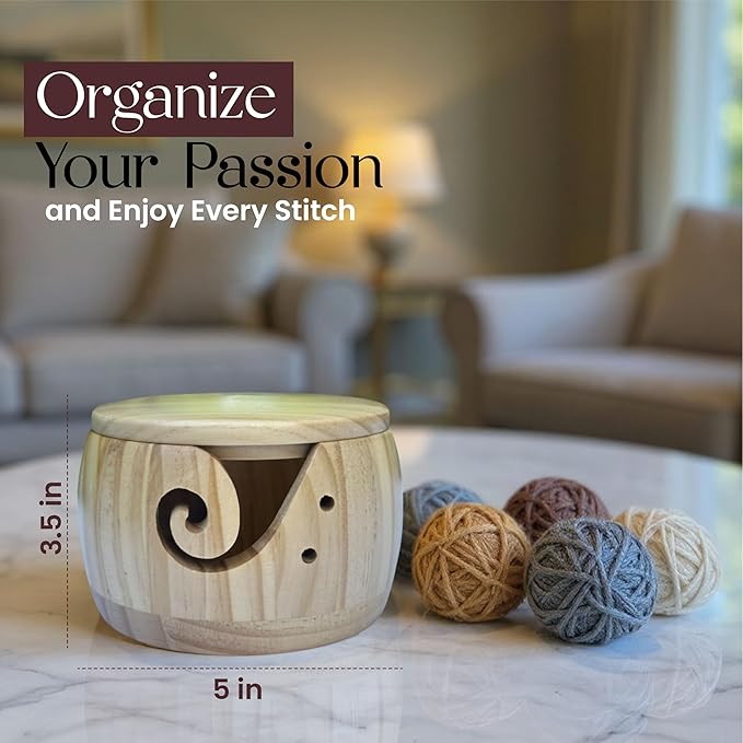 LE MIRIELLE - Wooden Yarn Bowl for Crochet – Crochet Holder + Complete Tools Kit, Gifts for, Large Bowl Organizer for Yarn, Hooks & Accessories