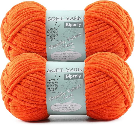 Chunky Chenille Yarn Velvet Soft Super Bulky Size 6 for Crocheting Knitting, Baby Blanket Yarn, 100g 71 Yds per Skein, Easy to Use for Scarves, Amigurumi, Crafts (2, Tangerine)