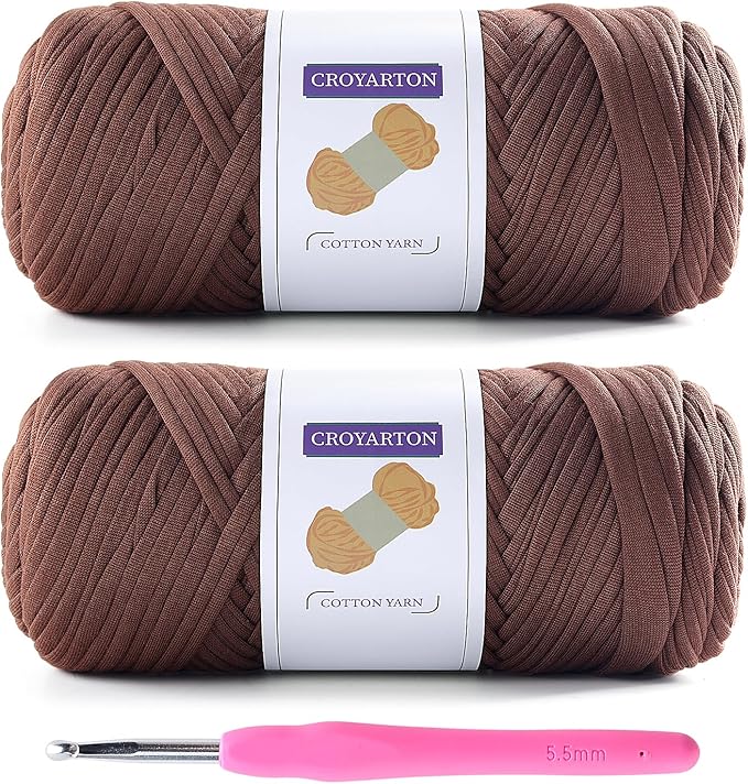 Coffee Color Elastic T-Shirt Yarn for Crochet - Two Pack with 1 Hook. Thick Spaghetti Yarn, 130 Yds Long, 14 Oz