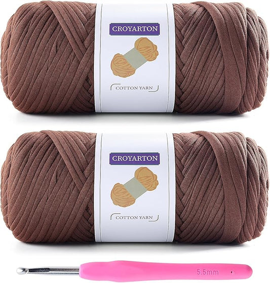 Coffee Color Elastic T-Shirt Yarn for Crochet - Two Pack with 1 Hook. Thick Spaghetti Yarn, 130 Yds Long, 14 Oz