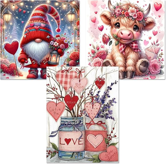 3 Pack Diamond Art Kits for Adults, Valentine's Day Diamond Painting Kits for Adults, 5D DIY Gem Art Paint With Diamonds Dots Crafts Kits for Home Decor Gift 12x16in/14x14in (Gnomes Cow and Flowers)