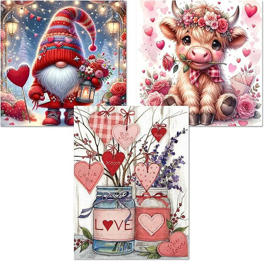 3 Pack Diamond Art Kits for Adults, Valentine's Day Diamond Painting Kits for Adults, 5D DIY Gem Art Paint With Diamonds Dots Crafts Kits for Home Decor Gift 12x16in/14x14in (Gnomes Cow and Flowers)