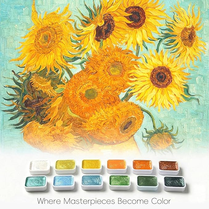 mini watercolor travel set, 12 Color Watercolor Paint Set (Pearl Shimmer) in Metal Tin with 300gsm Sketchbook, Portable Art Kit for Travel & Beginners (Inspired by Sunflowers)