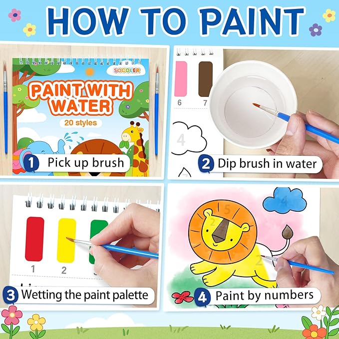 SOCOLER Paint with Water Coloring Books for Kids,Mess Free Watercolor Painting Papers Sets for Toddlers,Water Color Paint Kit,Art Craft Birthday Gift for Ages 1-3, 4-8(Animal)