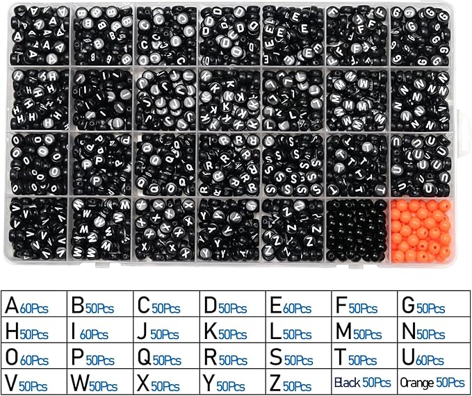 Melius Acrylic Black Letter Beads with Black and Orange Round Beads, 1450 Pcs Round Alphabet Beads in 28 Grid Box for Jewelry Making, DIY Friendship Bracelets, Necklaces, Key Chains