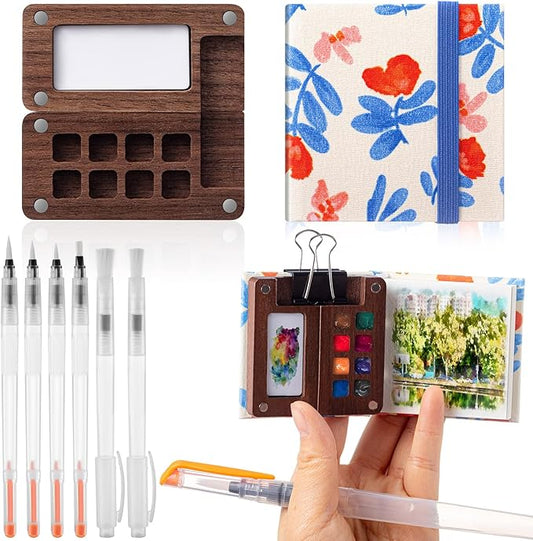 Qilery Mini Portable Watercolor Palette Set Wooden Grid Paint Box Watercolor Paper Sketch Book Brush Pens with Binder Clip for Painters Artist Not Include Paint(Azalea)