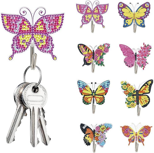 antor 8 Pack Butterfly Diamond Art Hooks, DIY Crystal Rhinestone Diamond Painting Wall Hangers Kit for Adults, Traceless Adhesive Hooks for Keys, Towels, Bags, Kitchen & Room Decor