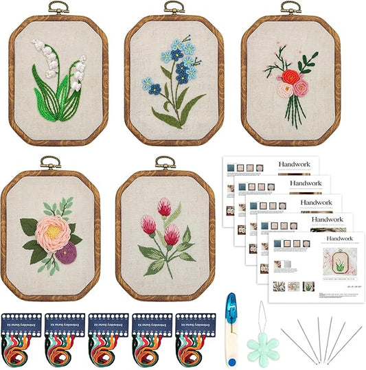 QBQBQ 5 Pack Octagon Flower Embroidery Starter Kit 7.9×5.9inch Vintage DIY Embroidery Kits for Adults Stamped Needlepoint Set with Step-by-Step Instructions Colorful Threads Craft Lover Gift
