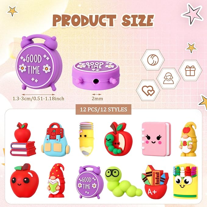 12 Pcs Back to School 3D Silicone Focal Beads for Pens Teacher Character Beads Bulk Funny Apple Pens Pencil for Keychain DIY Crafts Necklace Bracelet Lanyards Making Kit Supplies