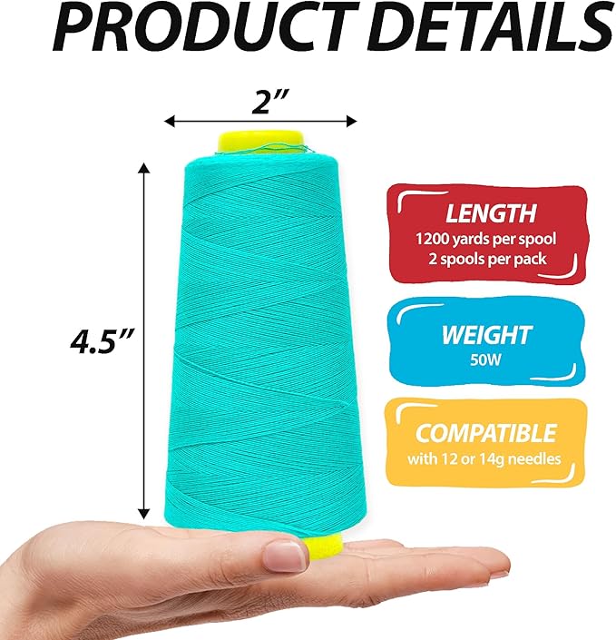 Mandala Crafts Aquamarine Thread Cones for Machine and Hand Quilting - 2400 Yds 50 WT Multiple Purpose Mercerized 100% Cotton Threads for Sewing Machine Serger Embroidery