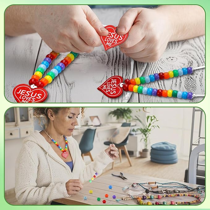 Ferreve 24 Sets Easter Christian Beaded Necklace Crafts Kit DIY Jesus Loves Me Heart Bead Craft Bible Religious Necklace Making Kit Bulk for Sunday School VBS Gifts Making