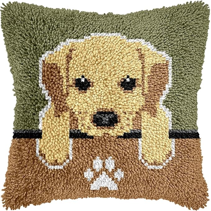veirousa Labrador Puppy Latch Hook Kits for Adults Kids, Beginners DIY Trow Pillow Kit Pre-Printed Pillowcase Hook and Latch Rug Kits Needlework Cushion Cover for Home Sofa Decoration 17x17 inch