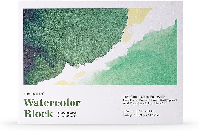 tumuarta Watercolor Block 300 LB, 640 GSM, 100% Cotton, 10 Sheets, Acid Free, Cold Press, Watercolor Paper Board Sketch Books for Watercolors, Acrylic and More (9 X 12)