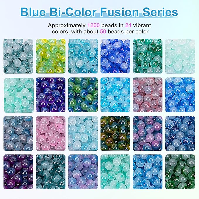 XSEINO About 1200+ pcs 6mm Glass Beads Bracelet Making Kit, 24 Assorted Blue Bi-Color Fusion Series Crystal Beads for Jewelry Making, DIY Crafts, Friendship Bracelets