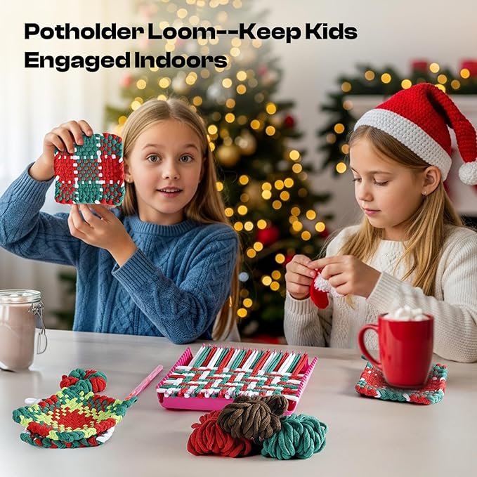 Caydo Christmas Weaving Loom Kit for Kids, Pot Holder Loom Kit for Girls 8-12, Include 448Pcs Weaving Loops(8 Colors), DIY Art and Craft Looms for Kid, Gift for Christmas & Craft-Loving Kids Age 8-12