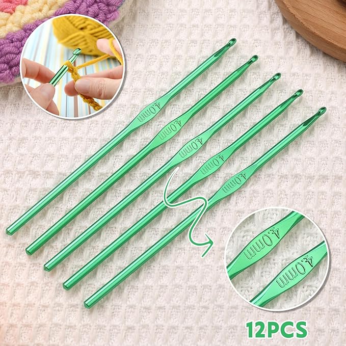 UzecPk 12Pcs 4mm Aluminum Crochet Hooks, Ergonomic Handle Crochet Needle, Crochet Hooks Bulk Set for Beginners Adults