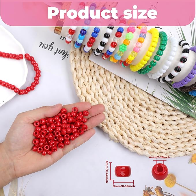 Red Pony Beads - 1000 Pcs Plastic Beads for Friendship Bracelets, Hair Braiding & Jewelry Making - 6x9mm, Large Hole