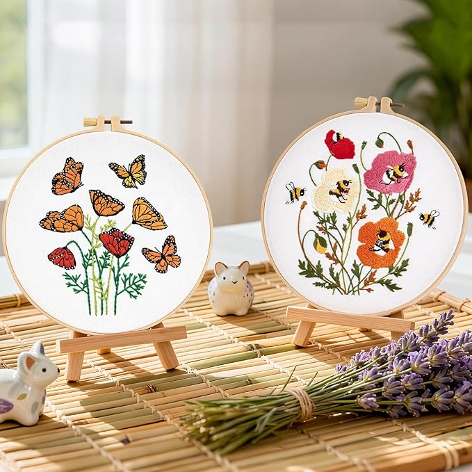 Flowers Embroidery Kits for Beginners Adults, Butterfly Hand Embroidery Starter Kits, Bee Cross Stitch Kits for Beginner Needlepoint DIY Kits for Adult, 2 Set Embroidery Hoops, Thread & Video Tutorial