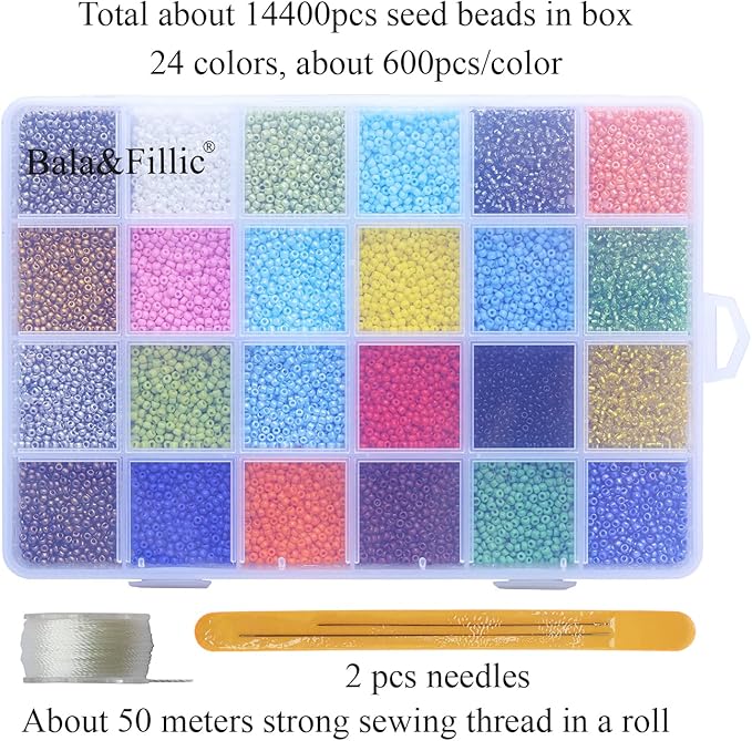 Bala&Fillic Size 11/0 Glass Seed Beads About 14400 pcs in Box,Craft Seed Beads for Making Bracelets Necklace Earring Jewelry (About 600pcs/Color, 24 Colors)