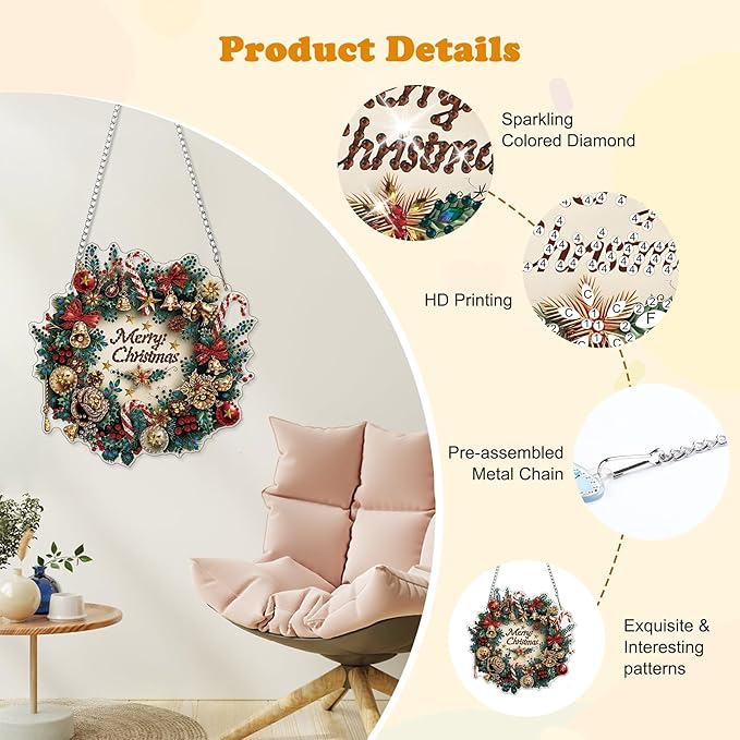 HEIBAGO Wreath Diamond Art Hanging Kits for Adults Kids, 5D Special Shaped Crystal Diamond Painting Kit, DIY Pattern Window Pendant Gem Art Kit for Home Wall Decor 8.3 x 8.3 Inch