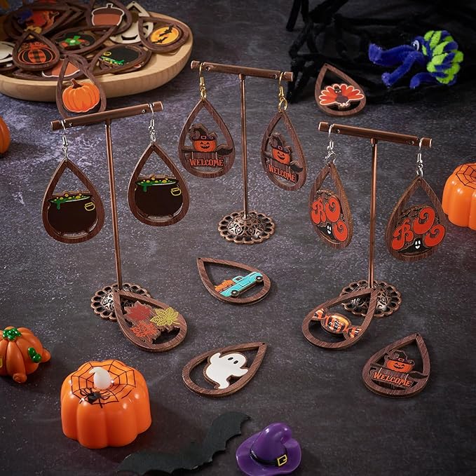 Beadthoven 16 Pairs DIY Halloween Wood Dangle Earrings Making Starter Kit Fall Harvest Wood Pendants Thanksgiving Hollow Teardrop Charms Ornaments Earring Hooks Jump Rings for Jewelry Making Adult