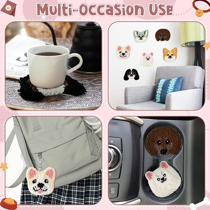 WATINC Craft Punch Needle Coaster Kit, 22Pcs Easy Art Work Decor Craft Supply for Beginners, DIY Set of 6 Puppy Head Pattern Tufted Rug Pads with Adhesive Felt Yarns Embroidery Hoop Tools Instruction