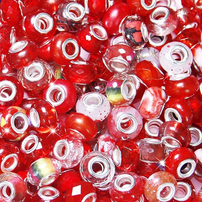 200Pcs Large Hole Beads Spacer Beads Red Assorted European Craft Big Beads Large Hole Lampwork Murano Bead Fairy Wand Garden Bead for DIY Charm Bracelet Necklace Jewelry Making Decoration Supplies
