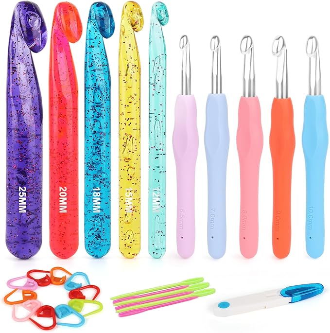 Aeelike Large Crochet Hooks Set Including Ergonomic Crochet Hooks (6.0mm-12.0mm) & Huge Crocheting Needles with Crystal Design (12.0mm-25.0mm) for Blanket Chunky Yarn
